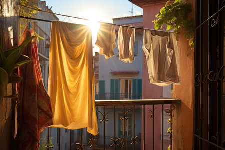fresh linen towels drying on a balcony, created with generative aiの素材