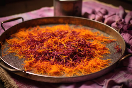 saffron flowers and stigmas arranged in a flat lay, created with generative aiの素材