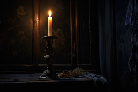 candle lit in a dark room casting eerie shadows, created with generative aiの素材