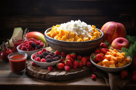 fruit salad ingredients on rustic table, created with generative aiの素材
