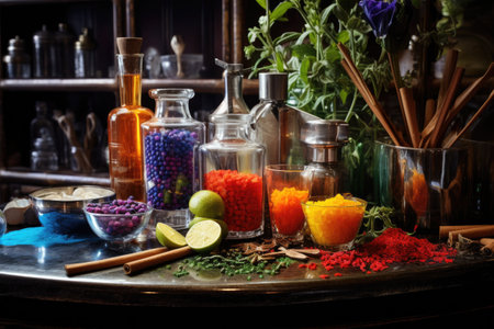 close-up of colorful cocktail ingredients on bar counter, created with generative aiの素材
