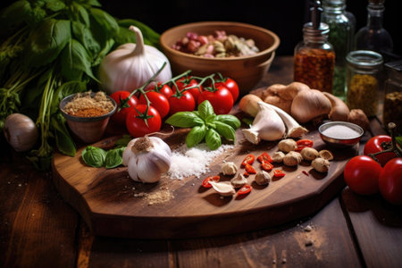 fresh ingredients on a wooden table for homemade pizza, created with generative aiの素材
