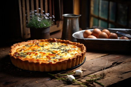 freshly baked quiche cooling on a rustic wooden table, created with generative aiの素材