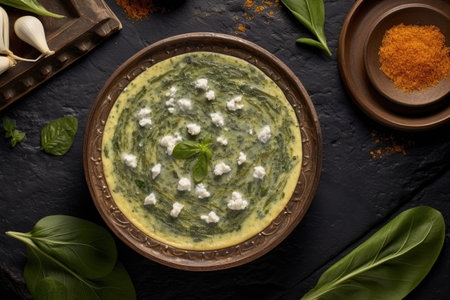 top view of a spinach and feta quiche, garnished, created with generative aiの素材