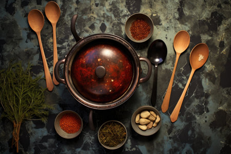 overhead shot of soup pot, ladle, and bowls, created with generative aiの素材