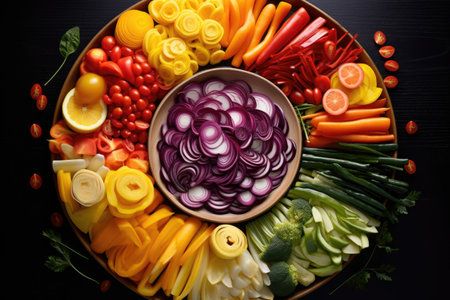 colorful sliced vegetables arranged in a bowl, created with generative aiの素材