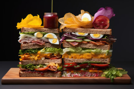 open-faced sandwich with artistic ingredient arrangement, created with generative aiの素材
