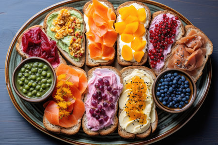 toast with various spreads and toppings on a plate, created with generative aiの素材