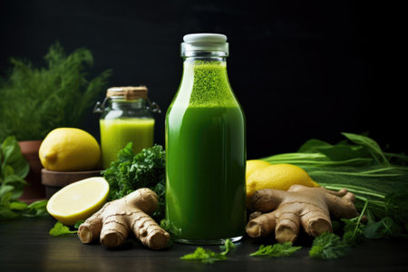 green detox juice in a bottle with fresh ingredients, created with generative aiの素材