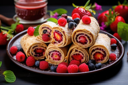 rolled-up pancakes with fruit filling, created with generative aiの素材