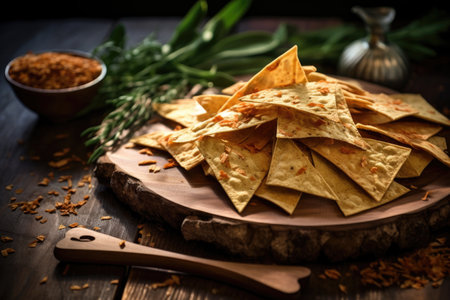 homemade tortilla chips on a wooden board, created with generative aiの素材