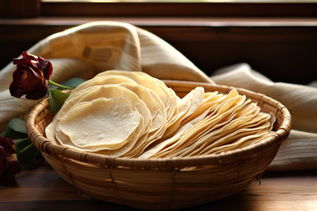 homemade tortillas folded in a woven basket, created with generative aiの素材