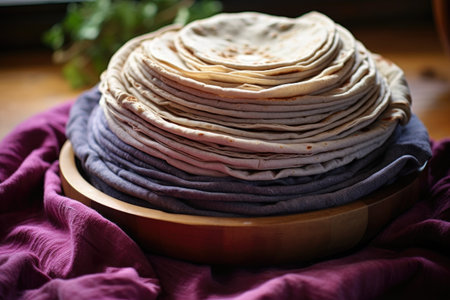 homemade tortillas wrapped in a cloth to keep warm, created with generative aiの素材