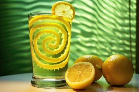lemon zest spiral on a glass of lemonade, created with generative aiの素材