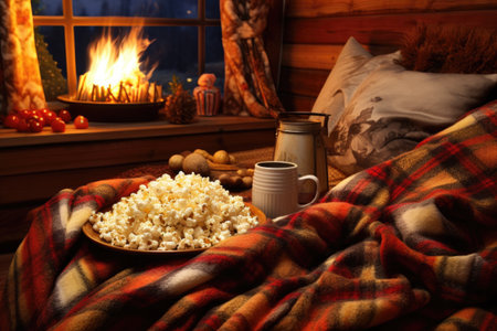 popcorn in a cozy setting with a warm blanket and movie reel, created with generative aiの素材
