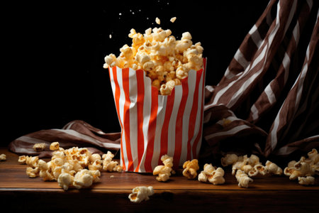 popcorn overflowing from a striped paper bag, created with generative aiの素材
