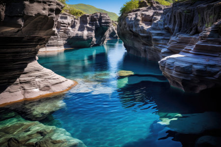 natural pool with unique rock formations and clear blue water, created with generative aiの素材