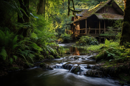 natural water stream flowing by a cabin, created with generative aiの素材