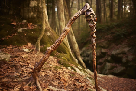 carved walking stick leaning against a tree in the forest, created with generative aiの素材