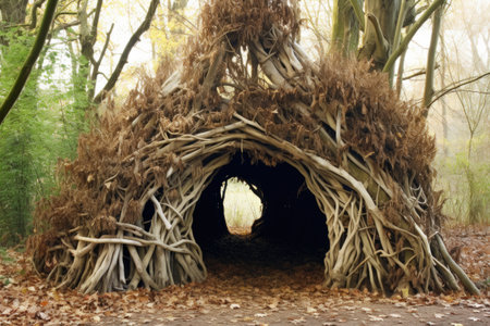 shelter made from branches, leaves, and natural materials, created with generative aiの素材