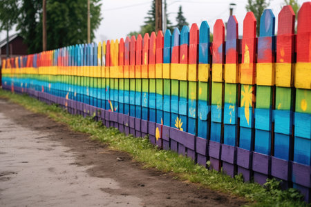 freshly painted wooden fence with vibrant colors, created with generative aiの素材