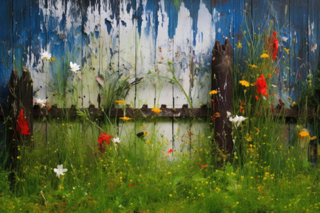 paint splattered on grass and fence for artistic effect, created with generative aiの素材