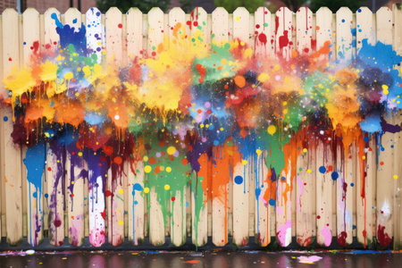 colorful paint splatters on fence surface, created with generative aiの素材
