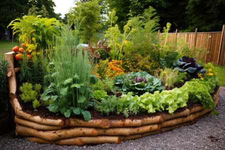 hugelkultur raised bed with plants growing in harmony, created with generative aiの素材