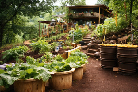 composting station in a permaculture garden setting, created with generative aiの素材