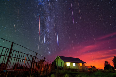 vibrant colors of perseid meteors in night sky, created with generative aiの素材