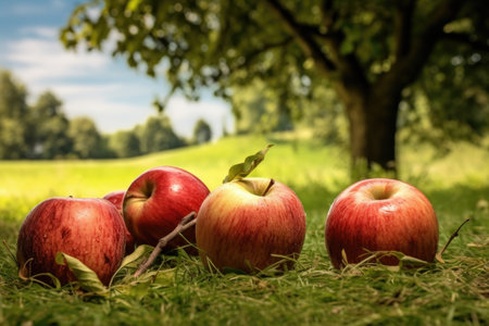 fallen apples on the grass with trees in background, created with generative aiの素材