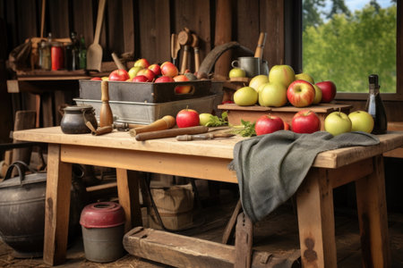 apple picking tools and equipment on a table, created with generative aiの素材