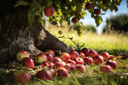 fallen apples on the grass under a tree, created with generative aiの素材