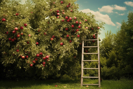 a ladder leaning against an apple tree for picking, created with generative aiの素材
