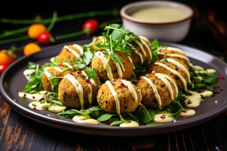 chickpea falafel balls served with tahini sauce, created with generative aiの素材