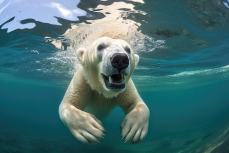 polar bear swimming underwater in crystal clear arctic water, created with generative aiの素材