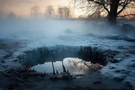 steam rising from a hole in the ice on a frosty morning, created with generative aiの素材