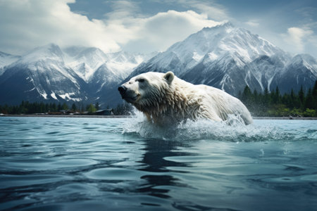 polar bear swimming in icy water with snow-capped mountains, created with generative aiの素材