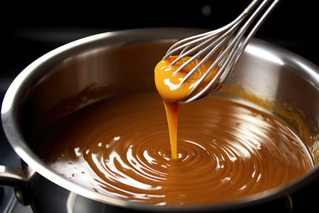 close-up of a whisk stirring sauce in a pan, created with generative aiの素材