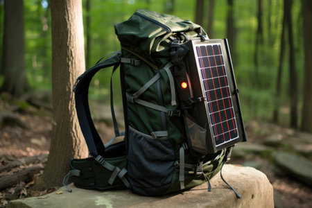 hiking backpack with attached solar panel, created with generative aiの素材
