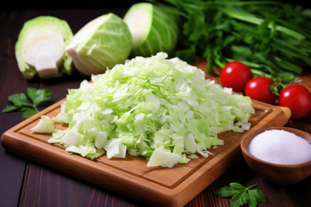 freshly chopped cabbage with salt on wooden board, created with generative aiの素材