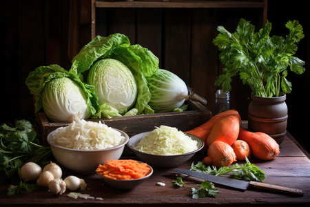 sliced cabbage and carrots on a rustic wooden table, created with generative aiの素材