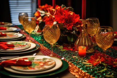 festive table setting with holiday-themed plates and napkins, created with generative aiの素材