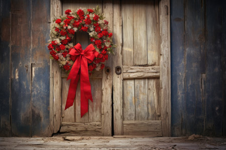 wreath with red ribbon on a rustic wooden door, created with generative aiの素材