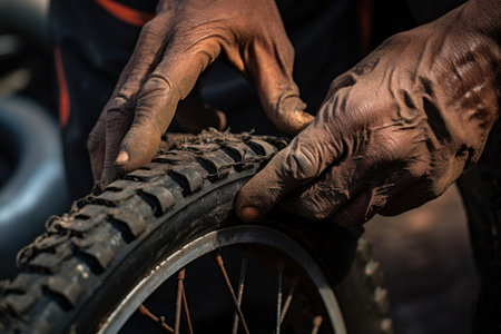 close-up of hands using tire levers to remove bike tire, created with generative aiの素材