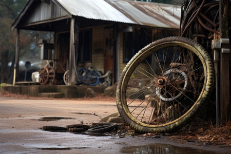 bicycle wheel with flat tire beside a pump, created with generative aiの素材