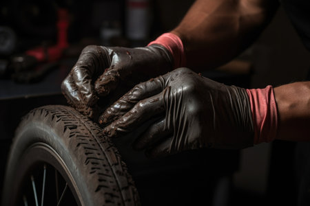 hands wearing gloves applying a patch to a bicycle tire, created with generative aiの素材