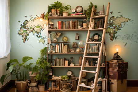 diy ladder bookshelf filled with travel books and souvenirs, created with generative aiの素材