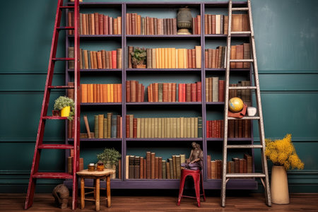 antique ladder bookshelf with books aligned by color, created with generative aiの素材