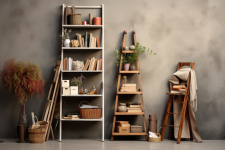 ladder bookshelf in minimalist workspace with art supplies, created with generative aiの素材
